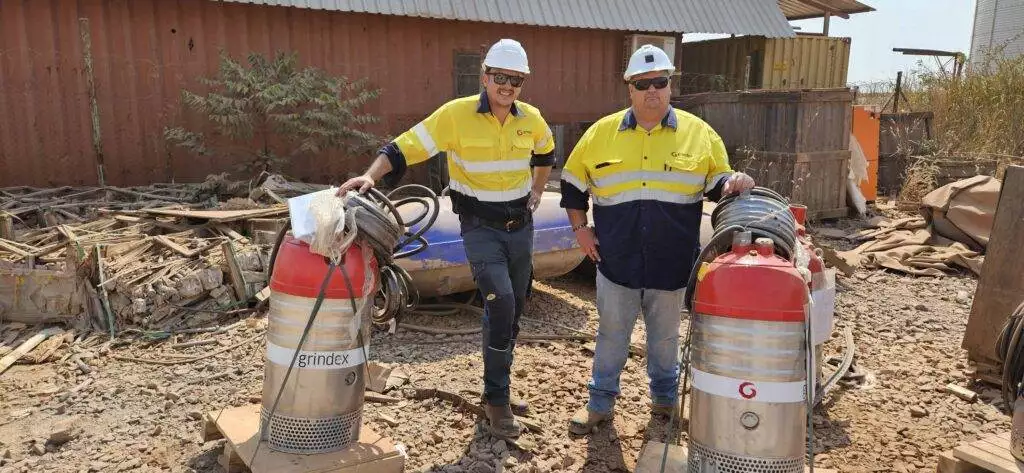 Jordan Marsh, managing director at Integrated Pump Technology, and Alfred Kelsey, sales manager at Integrated Pump Technology, on site with Grindex Maxi 37 kW dewatering pumps.